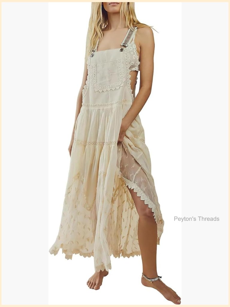 Lace Embroidered Tiered Maxi Dress With Suspender Straps And Bib Front